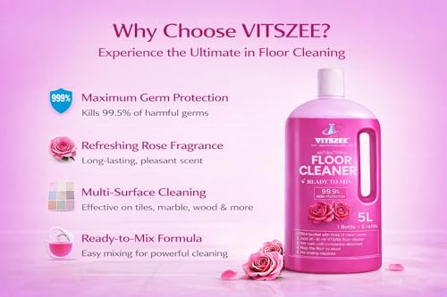 Image of VITSZEE Floor Cleaner 5L | Ready to Mix | Disinfectant Surface liquid | Kills 99.9% Germs | Long Lasting Fragrance | Suitable for Tiles, Marble, Kitchen & Bathroom (5 Litres, Rose Fragrance)