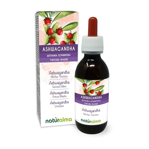 Ashwagandha oder indischer Ginseng (Withania somnifera) Wurzeln Alkoholfreier Urtinktur Naturalma - Flüssig-Extrakt Tropfen 120 ml - Nahrungsergänzungsmittel - Veganer