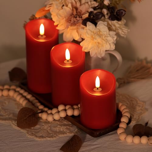 Image of Battery Operated Candles, Real Wax Red LED Candle Flickering Flameless Candles with Remote, 3D Wick Fake Candles for Christmas, Thanksgiving, Home Decor, Party, Gifts, Set of 3, D3 inchx H4 inch /5 inch /6 inch