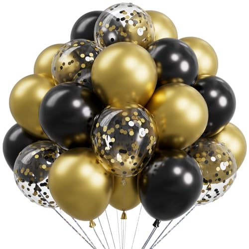 Image of Metallic Black and Gold Balloons 12 Inch 73PCS Gold Black Confetti Latex Balloons Shiny Helium Balloon Set for Birthday Party Anniversary Graduation Decorations