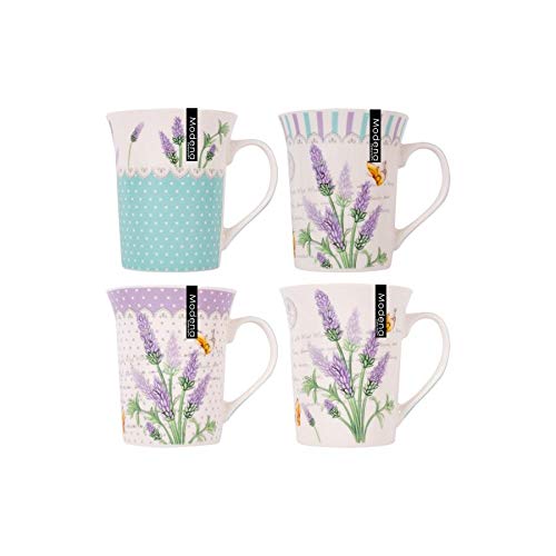 YöL Set of 4 New Bone Lavender And Butterfly Themed Mugs 13oz Ideal For Coffee & Tea