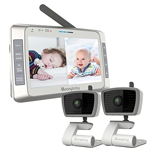 Moonybaby 5" HD A.N.R. (Auto Noise Reduce) Baby Monitor with 2 Cameras. Model: Trust 50, No WiFi, Long Range, Quad Split Screen, Auto Night Vision, 2-Way Audio, Baby Room Temperature Display, Lullaby