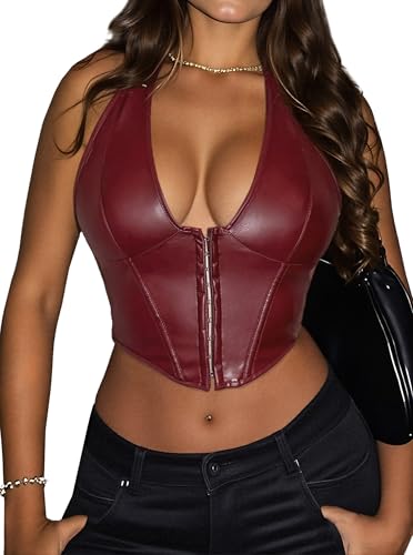 Women's Y2K Leather Halter Top Backless Corset Bustier Top Lace Up Sexy Going Out Crop Tank Halter Neck Party Club