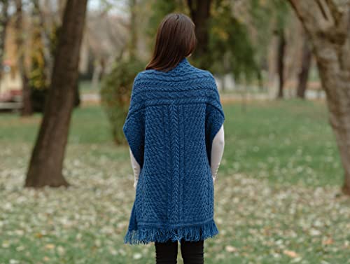Image of SAOL 100% Merino Wool Shawl /Poncho Sweater /Open Cardigan /Wool Cape with Pockets with Fringe Trim and Trinity Knot Button