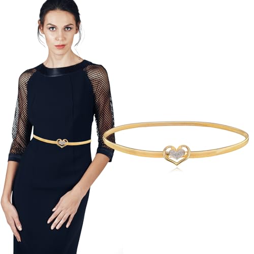 Women Skinny Metal Waist Belt, Elastic Heart Shaped Rhinestone Chain Belt Crystal Rope Belt for Dress