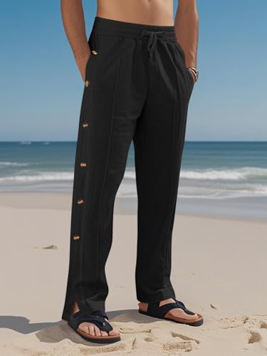 Mens Linen Pants Summer Casual Button Straight Beach Pants Baggy Elastic Waist Drawstring Yoga Trousers with Pockets2