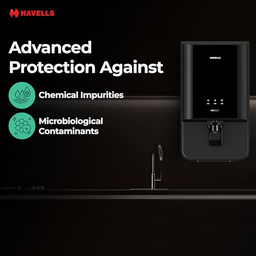 Image of Havells FAB NEO Water Purifier, RO + UF Purification, Vital Magnesium Enriched, 4-stages, 7L Storage, Ideal for Borewell, Tanker & Municipal Water, Significant water savings, BIS Approved, Black