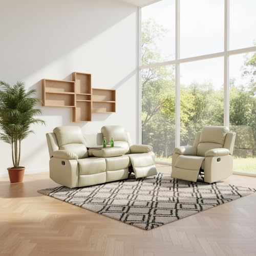 Image of Leather Manual Recliner Sofa Set, Adjustable Backrest Reclining Loveseat Sofa with Convertible Middle Coffee Table, Living Room Furniture Set, Recliner Chair for House, Home Theater, Beige