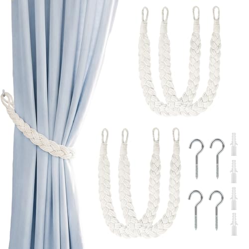 Image of 4 PCS Natural Cotton Rope Curtain Tie Backs, Rope Tie Backs for Curtains, Hand Knitting Curtain Tiebacks with Metal Hooks, Decorative Woven Curtain Tie for Living Room Bedroom Office (Beige)