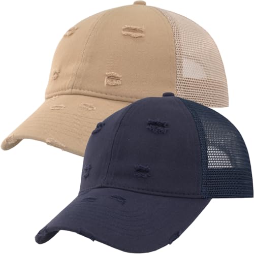 2 Pack Trendy Distressed Soft Trucker Hat Fashion Cute Baseball Cap for Women Men – Vintage Look, Soft Mesh Back, Snapback Adjustable Navy Blue/Khaki