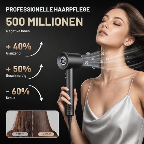 Haartrockner mit LED-Display, 160.000 U/min bürstenloser Motor schnelles Trocknen Fön, 500 Millionen negative Ionen Föhn… – Ansicht 3
