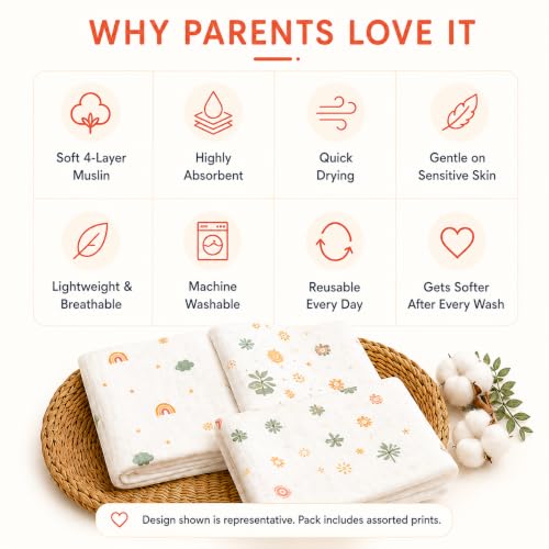 Image of HABER Organic Cotton Muslin Baby Wipes & Bibs Cloth 30x30 Pack of 5, Highly Absorbent Quick Dry Newborn for Sensitive Skin, 4 Layer Ultra Soft Skin Safe Muslin, Gentle for Infants & Toddlers