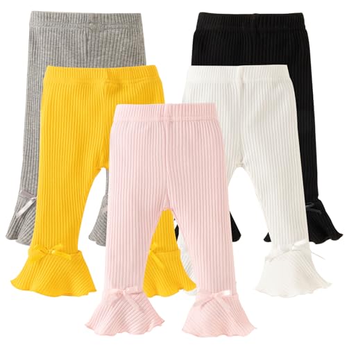 DREAM BUS 5 Pack Baby Pants Toddler Girl Ribbed Ruffle Bell Bottoms Toddler Leggings Baby Boy Pants Newborn Girl Flare Pants
