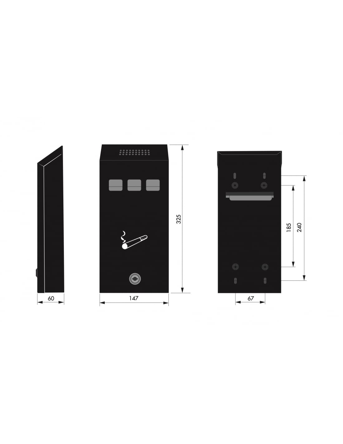THIRARD - Cenicero de Pared - Acero - Compartimento Extraíble - 325 x 174 x 60 mm - 2 Llaves - Epoxy Negro Granulado - Fijación Mural - Caja Acero - Cierre con Cerradura