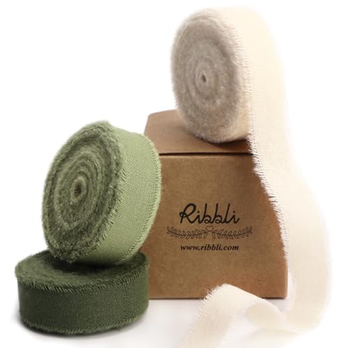 Ribbli 3 Rolls Green Ribbon 5/8 Inch x 18Yards Ivory Sage Moss Handmade Cotton Frayed Fringe Ribbons for Gift Wrapping Wedding Invites Bridal Bouquets Baby Shower DIY Crafts Home Decor