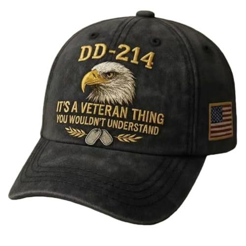 DD-214 Army Veteran Hat - Embroidered Patriotic Baseball Cap Patriotic Veteran Day Gifts for Retired Soldiers (Black)