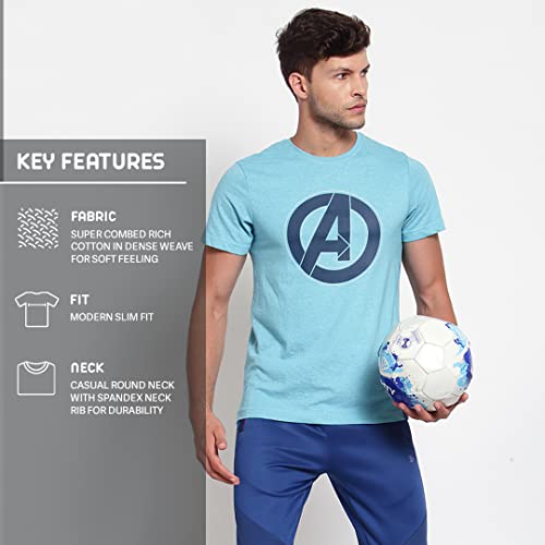 Image of sporto Marvel Logo Print Aqua Jasper Cotton T-Shirt for Men