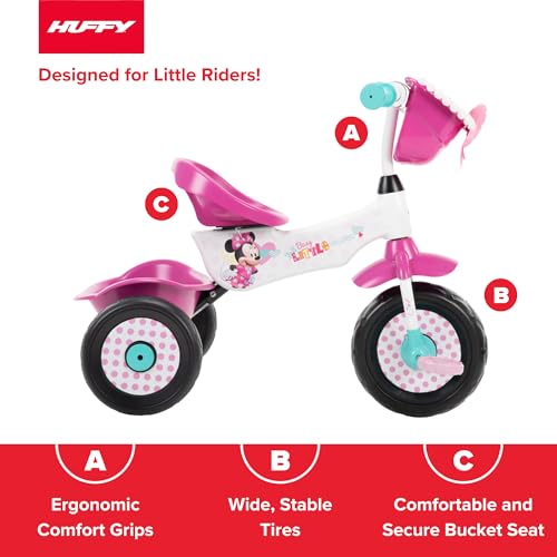 Huffy Disney Minnie Mouse Girl's Trike, Ideal for Ages 3+, Minnie Mouse Graphics, Pink Handlebar Bow Basket, Storage Bins for Snacks or Toys, Sturdy and Durable, Safe for Toddlers