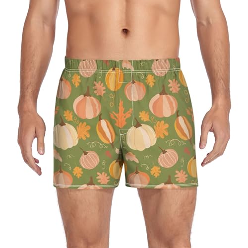 Pumpkin Autumn Leaves Men's Cotton Boxer Shorts Underwear Sleep Shorts with Button Fly Pajama Bottoms