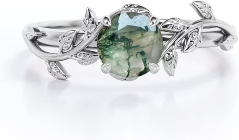 Dorunmo Moss Agate Ring for Women 925 Sterling Silver Green Stone Leaf Wedding Ring Moss Agate Jewelry Gift for Engagement Christmas Birthday