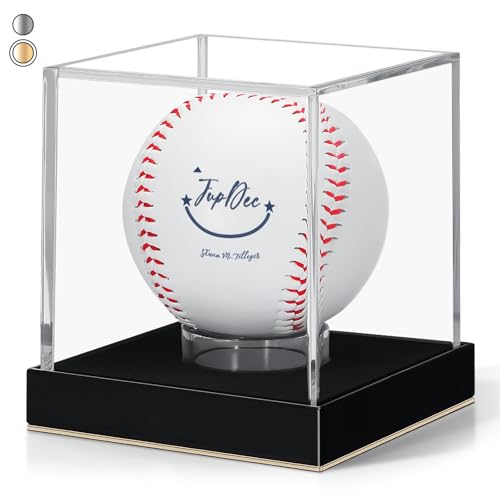 Image of JupDec Baseball Display Case for Single Autograph Ball, Clear Acrylic Cube Baseball Holder with Velvet Interior, UV Protected Stand Box with Durable Base, Ideal Gift for Sports Fans, Gold, 1 Pack