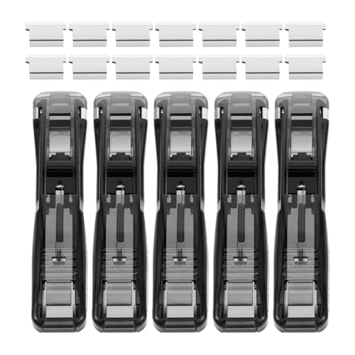 Image of Housoutil Binder Clip Stapler, 5pcs Mini Push Stapler Clips Dispenser with Paper Clamp Refills, Portable Handheld Binder Clam for Office Document Organization