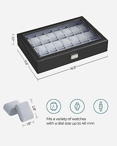 SONGMICS 24-Slot Watch Box, Lockable Watch Storage Case with Glass Lid, Gift Idea, Ink Black Synthetic Leather, Dove Gray Lining UJWB024