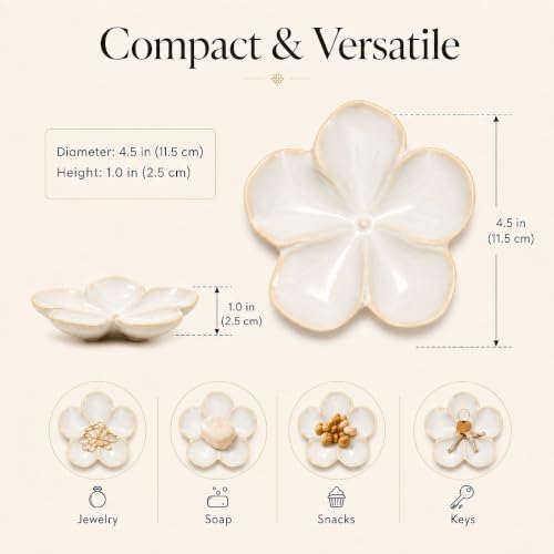 Ceramic Flower Jewelry Ring Trinket Dish Tray, Gifts for Women, White - image 3