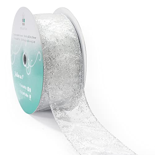 CT CRAFT LLC Organza with Silver Glitter Snowflakes Wired Ribbon 2.5 inch x 50 Yards for Christmas Home Decor Tree Topper Bow Gift Wrapping DIY Crafts Wreath Garland Wedding
