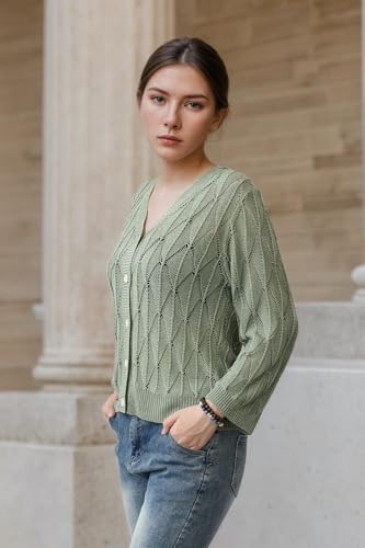 Image of Women's 2025 Crochet Sweater Cardigan 3 /4 Sleeve Lightweight Summer Knit Sweater | Open Front Boho Shrug Top | Beach Cover-Up & Office Wear | Machine Washable 21-Green-L