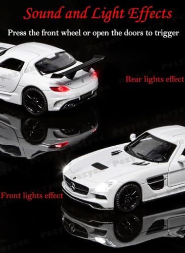 Image of 1:32 Benz SLS AMG Model Car Zinc Alloy Pull Back Toy with Sound & Light Fun for Kids, Boys & Girls Collectible Diecast Car for Ages 3+ (White)