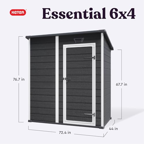 Image of Keter Essential Shed 4x6 Resin Outdoor Storage Shed Ideal Storage for Patio Furniture, Garden Tools Bike Accessories, Beach Chairs and Lawn Mower, Black and White