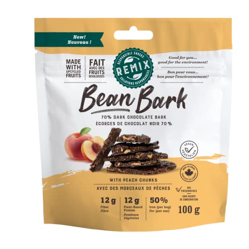 Remix Snacks Bean Bark with Peaches, Dark (70% Cacao) Dark Chocolate Snack, Made with Black Beans and Upcycled Fruit High-protein, High-fibre, Vegan, Canadian, 100g
