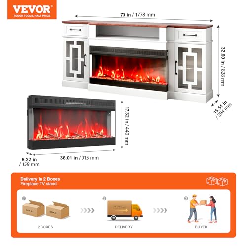 Image of VEVOR 3-Sided Glass Fireplace TV Stand, for TVs up to 80 inch, with 20 LED Lights, Remote Control, and Timer, 70 inch Large Entertainment Center with 36 inch Electric Fireplace, Glass Door Storage Cabinet, White