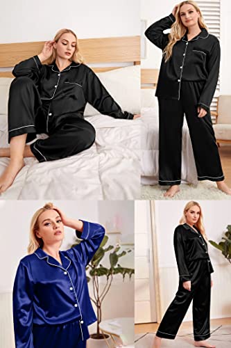 SWOMOG Plus Size Pajama Set for Women Silk Satin Pajamas Long Sleeve Sleepwear Button Down PJs Soft Pj Set with Chest Pocket4