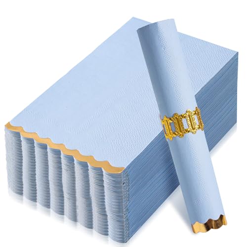 Blue Gold Foil Scalloped Edge Dinner Napkins 50 Pack - Elegant Disposable Guest Napkins for Boy Baby Shower, Wedding, Birthday Party & Events (4 x 8 Inches)