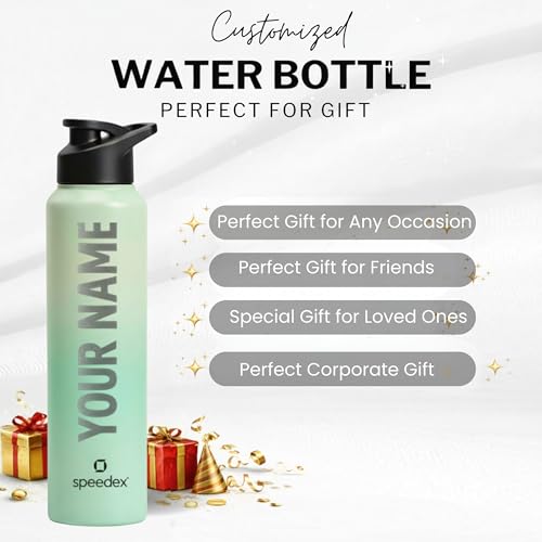 Image of Speedex Engraved Name Stainless Steel Sipper Water Bottle 1 Ltr - Customised Personalised Bottle for Kids & Adults, School, Gym, Sports, Black, Set of 1 (Dual Green, Set Of 1)