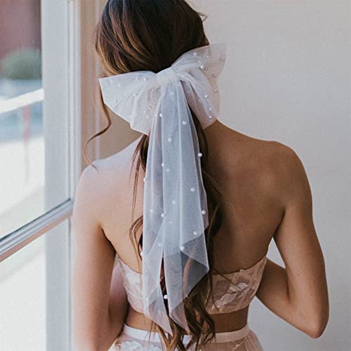 Pince à Cheveux de Mariée NICENEEDED, Voile de Mariée avec Nœud Blanc Perlé, Grand Nœud de Cheveux Décorations de Fête de Bachelorette pour Demoiselle D'Honneur Faveurs Cadeau de Douche Nuptiale Cover