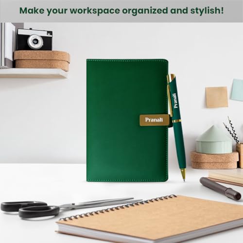 Image of Giftana Personalized Notebook Diary with Pen Gift Set for Men and Women, 2 in 1 Customized Office Diaries A5 Size Notebook, Diwali Gifts, Personalised New Year Corporate Gifts for Employees (Green)