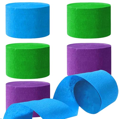 Image of Blue Green and Purple Crepe Paper Streamers-6 Rolls Party Streamers for Blue Green and Purple Birthday Party Decorations