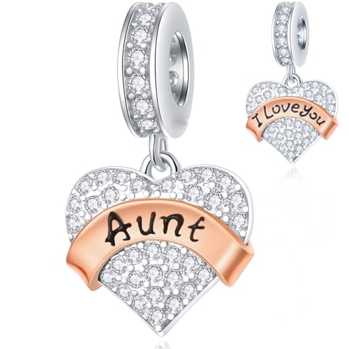 Aunt Charms Dangle fits Pandora Mothers Day Bracelets, I Love You Auntie Charms Pave Dazzling Clear CZ Heart Aunty Pendant in Silver Plated, Gifts for Retirement/Women