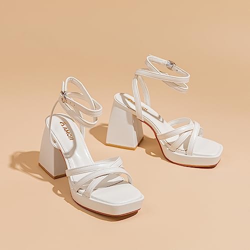 Amoji Women's Platform Heels Chunky Dressy Block Thick Heels Prom Wedding Shoes 305 White 11 Women3