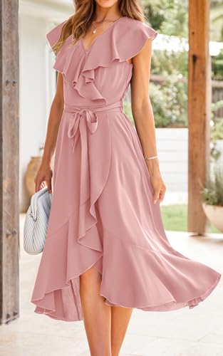 Image of PRETTYGARDEN Women's 2023 Summer Wrap Maxi Dress Casual Boho Deep V Neck Short Sleeve Ruffle Hem Split Beach Long Dresses