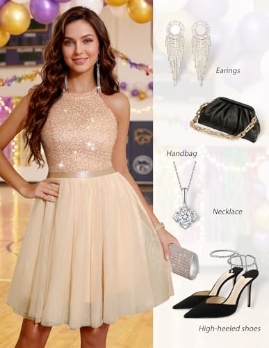 Image of Dressystar Women's Sequin Short Prom Dress Sparkly Halter Tulle Cocktail Party Homecoming Dresses