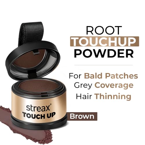 Image of Streax Hair Root Touch Up for Grey Hair, Brown - 4gm | Hair Cover Up Powder I Covers Grey Hair & Bald Patches | Instant Hair Colour Touch Up, Beard touch up for men