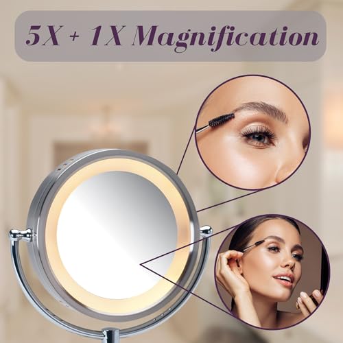 JERDON Lighted Tabletop Makeup Mirror - LED Lighted Vanity Mirror with 1X and 5X Magnification in Nickel Finish - Model HL745NC