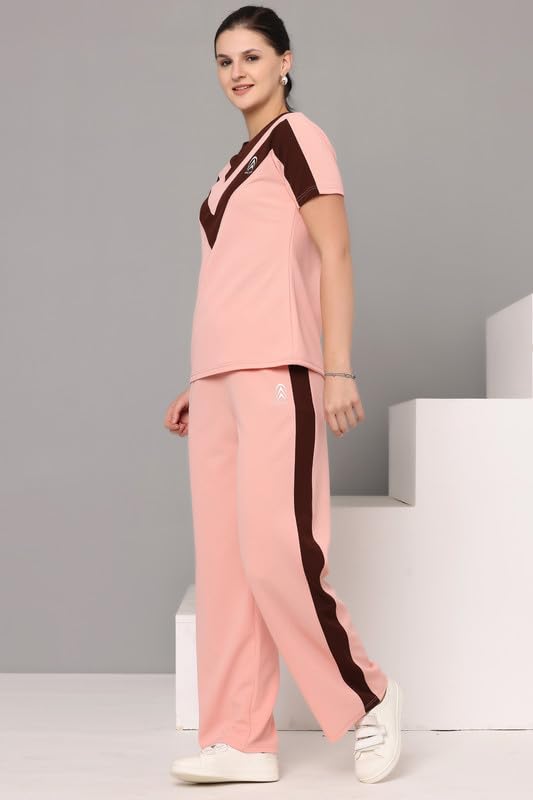 Image of Women's Cotton Blend Athletic Tracksuit - Round Neck Pullover Top & Bottom Set for Women and Girls | Sportswear & Loungewear Co-ord Set