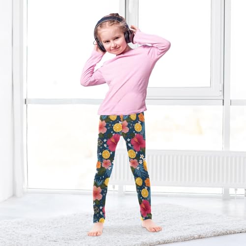 ALAZA Girls' Leggings Children's Yoga Pants Skinny Printed Dance Hibiscus Flower Lemon Comfortable 4T3