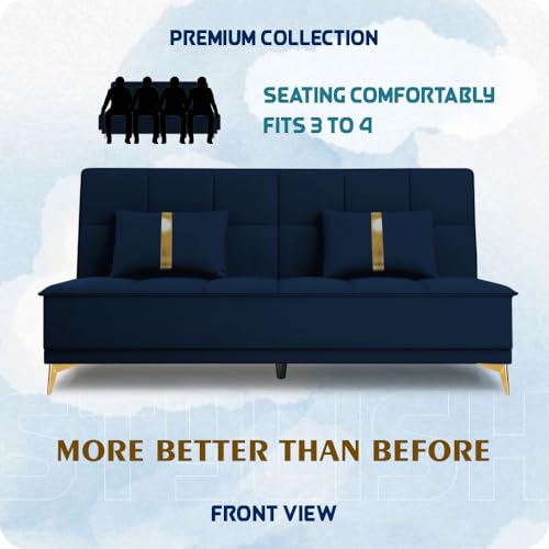 Image of Adorn India Premium New Alyssum 3 Seater Sofa Cum Bed 4X6 Velvet Suede with 2 Cushions (Color Blue) and Suitable for All Indoor, with 3 Years Warranty