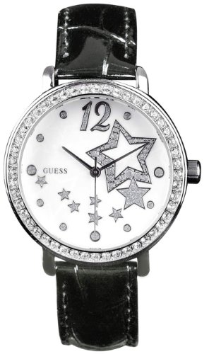 Guess Women's Black Leather Band Silver Stars +Crystals Watch U75036L1